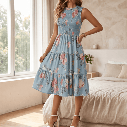 Gesmokte midi-jurk dames met bloemenprint in Poederblauw