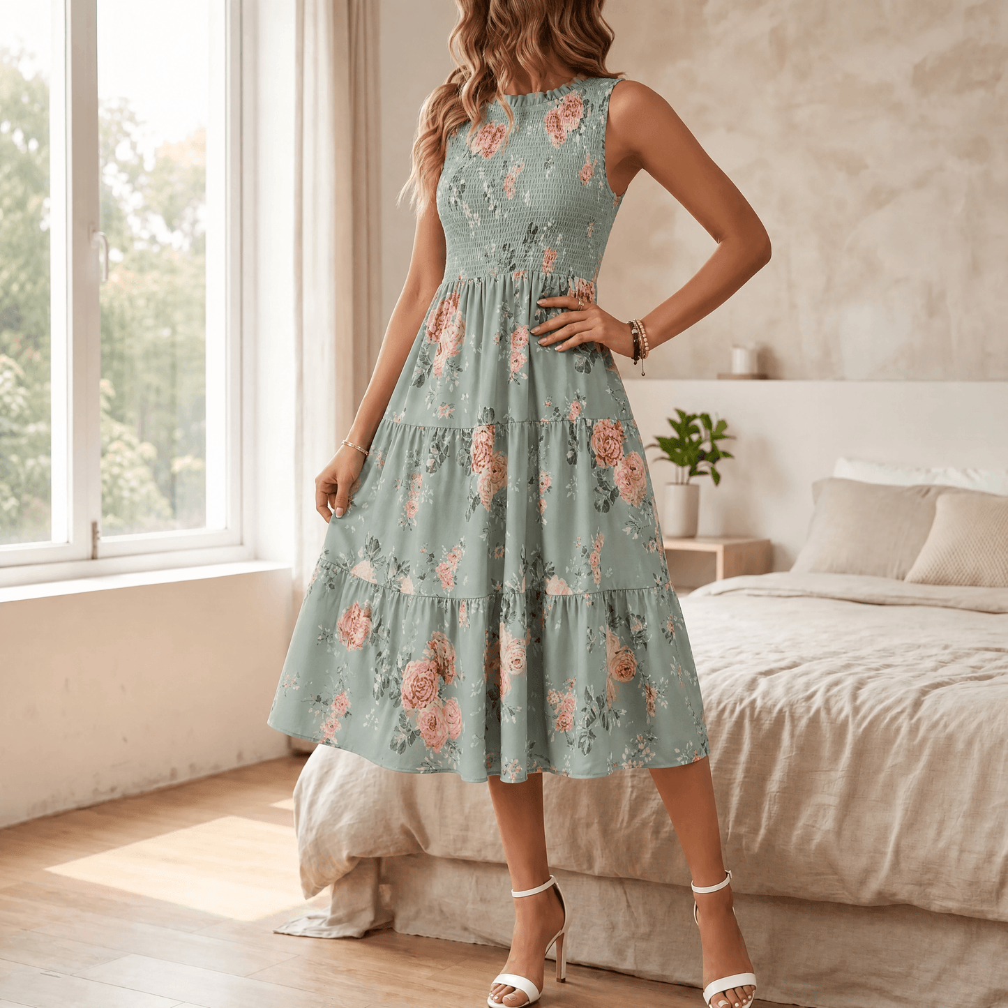 Gesmokte midi-jurk dames met bloemenprint in Saliegroen