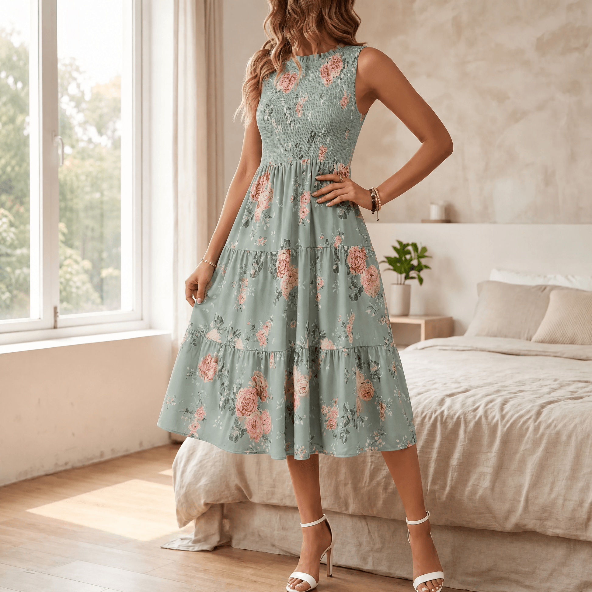 Gesmokte midi-jurk dames met bloemenprint in Saliegroen