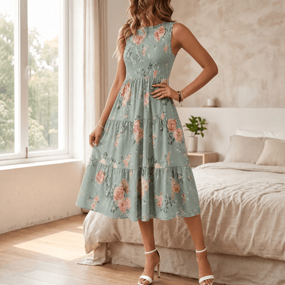 Gesmokte midi-jurk dames met bloemenprint in Saliegroen