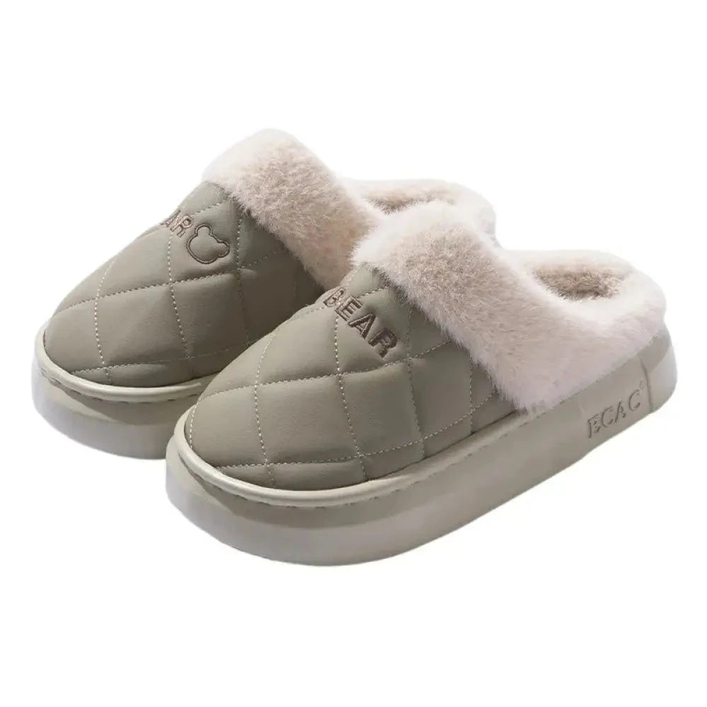 Fluffy pantoffels met doorgestikte bovenkant, pluche rand en dikke zool - saliegroen