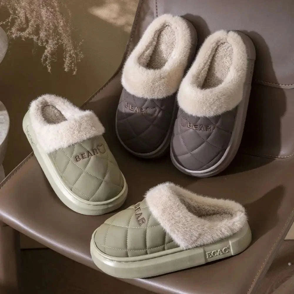 Fluffy pantoffels met doorgestikte bovenkant, pluche rand en dikke zool - beeld 2