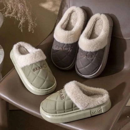 Fluffy pantoffels met doorgestikte bovenkant, pluche rand en dikke zool - beeld 2