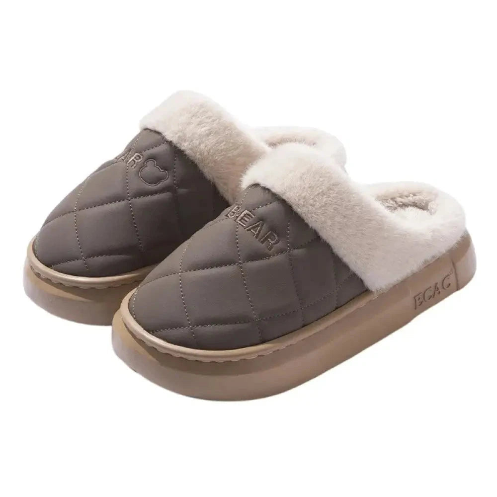 Fluffy pantoffels met doorgestikte bovenkant, pluche rand en dikke zool - taupe