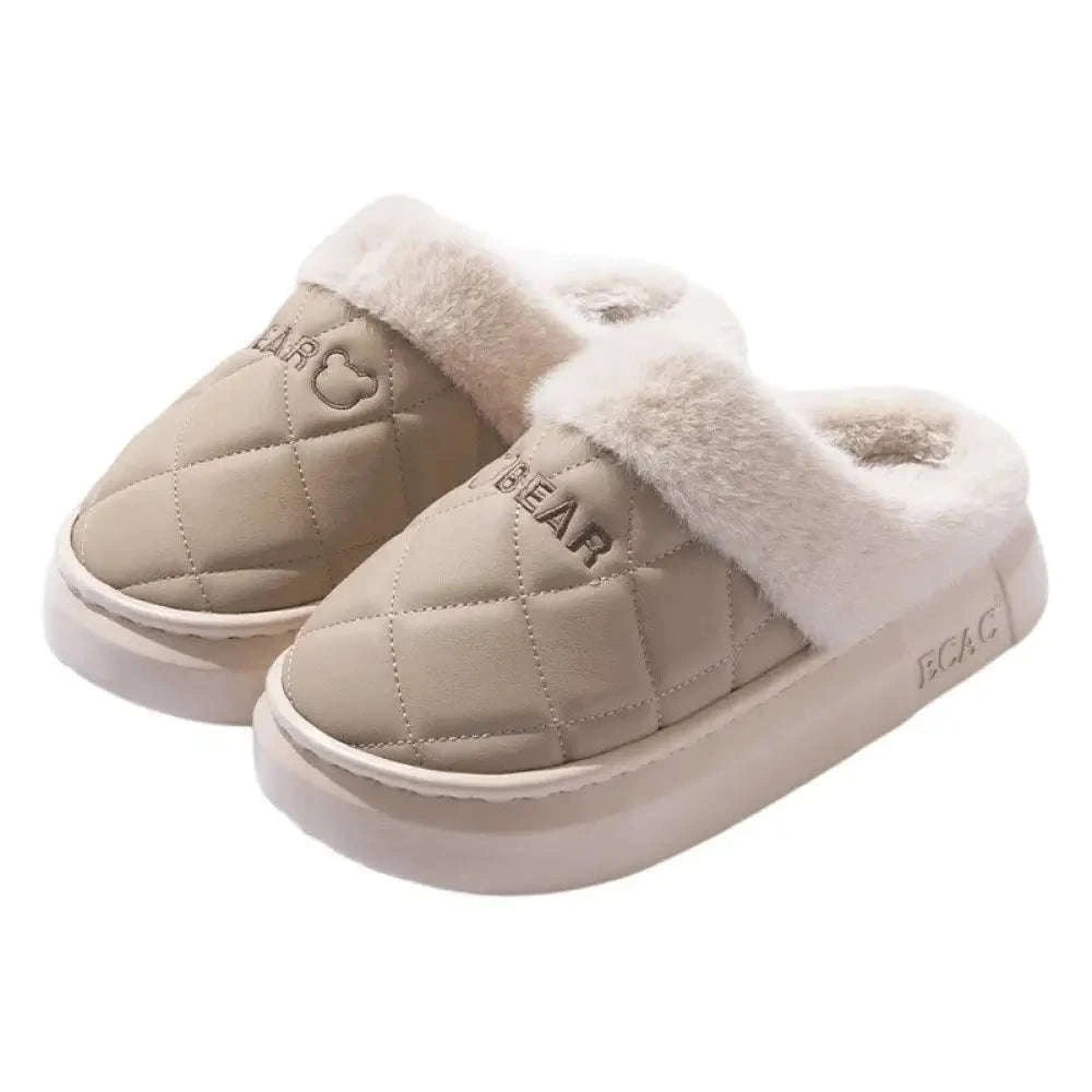 Fluffy pantoffels met doorgestikte bovenkant, pluche rand en dikke zool - beige