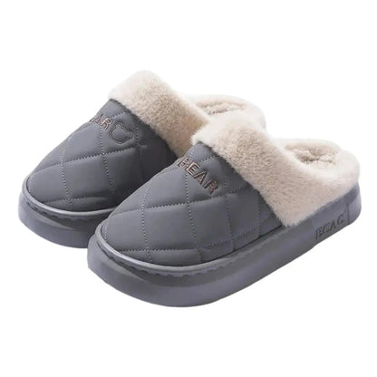 Fluffy pantoffels met doorgestikte bovenkant, pluche rand en dikke zool - grijsblauw
