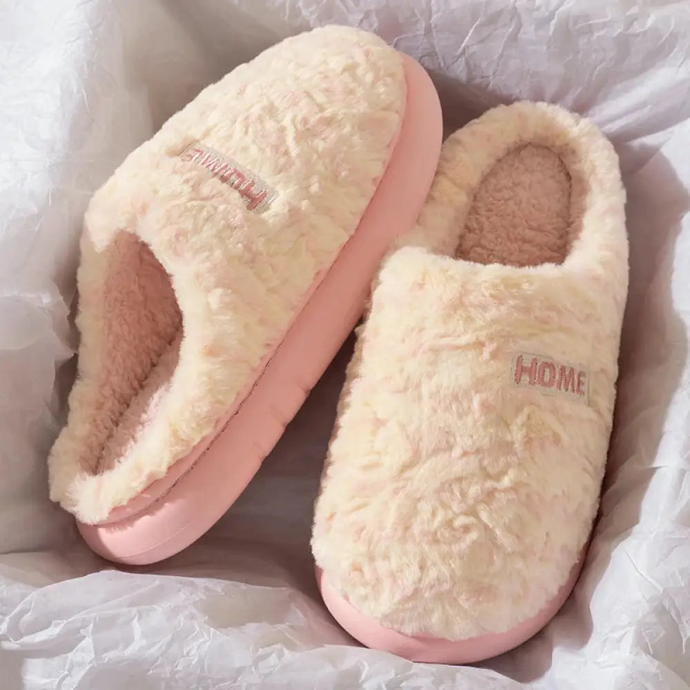 Fluffy pantoffels van gestreepte pluche met zachte zool en open hiel - roze