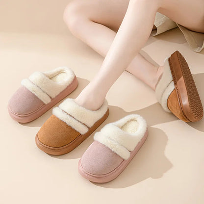 Fluffy pantoffels in suède look met brede pluche band, open hiel en dikke zool - beeld 3