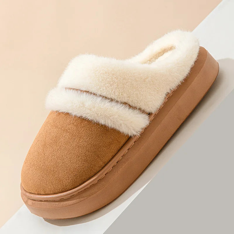 Fluffy pantoffels in suède look met brede pluche band, open hiel en dikke zool - beeld 4
