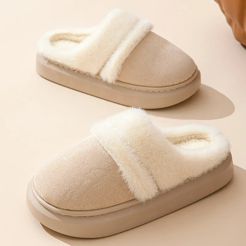 Fluffy pantoffels in suède look met brede pluche band, open hiel en dikke zool - beige