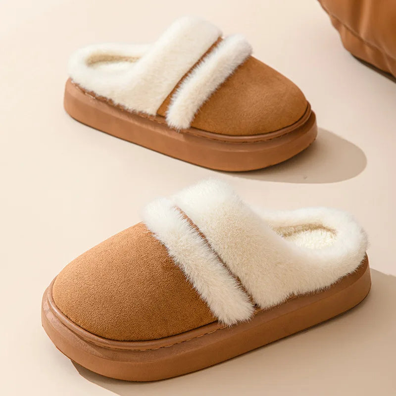 Fluffy pantoffels in suède look met brede pluche band, open hiel en dikke zool - camel