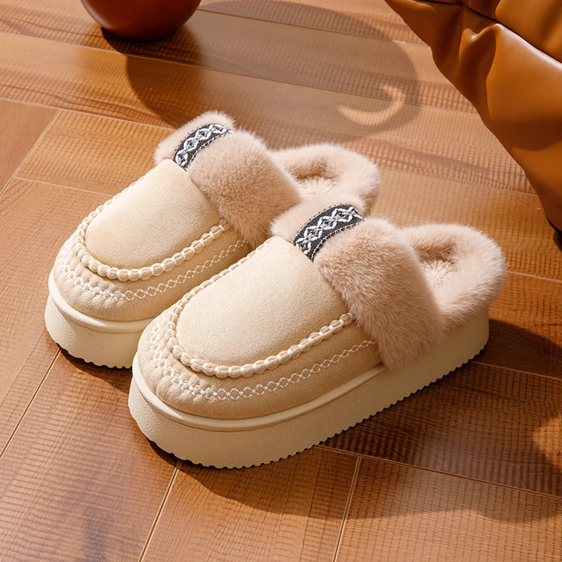 Fluffy pantoffels voor dames met pluche band, geweven bies en plateauzool - beige