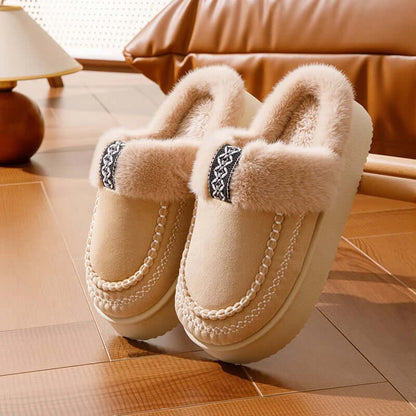 Fluffy pantoffels voor dames met pluche band, geweven bies en plateauzool - beeld 7