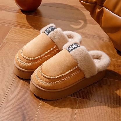 Fluffy pantoffels voor dames met pluche band, geweven bies en plateauzool - bruin