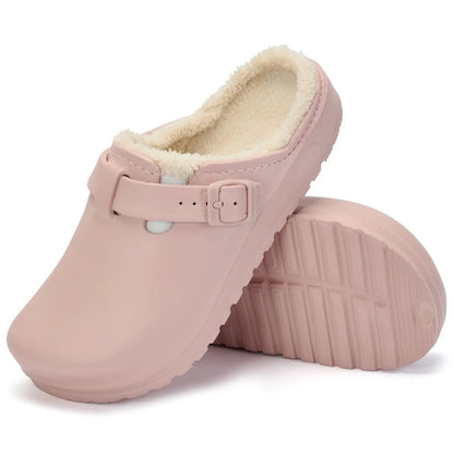Pantoffels in klompmodel met gesp, pluche voering en profielzool