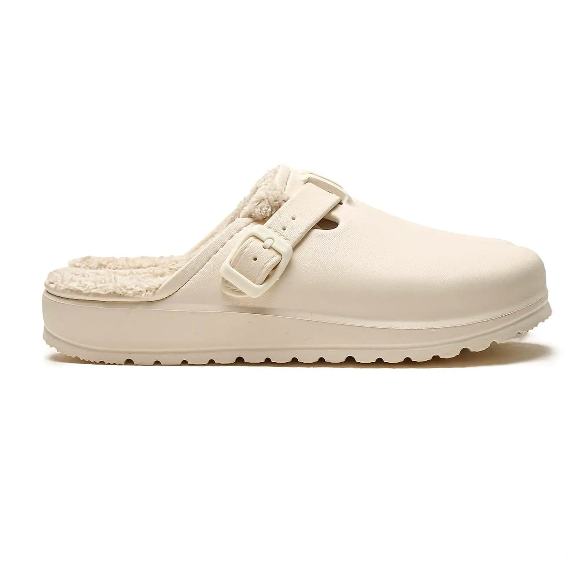 Pantoffels in klompmodel met gesp, pluche voering en profielzool - crème