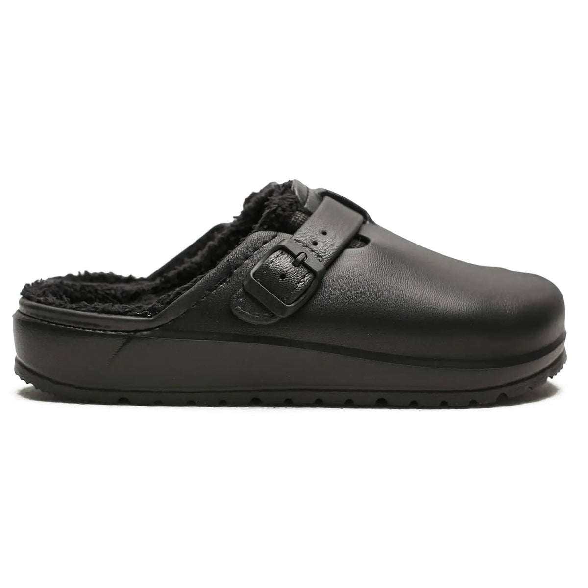 Pantoffels in klompmodel met gesp, pluche voering en profielzool - zwart