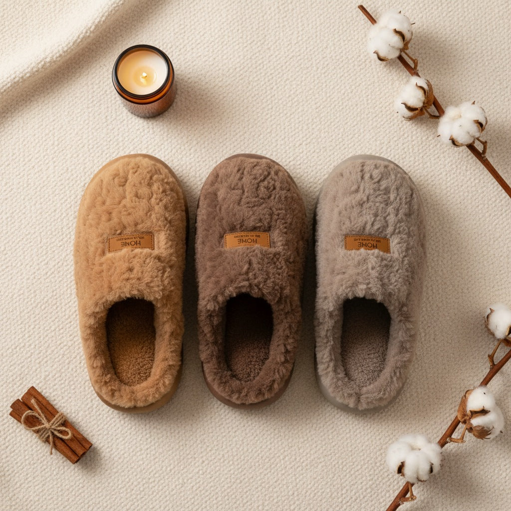 Fluffy pantoffels van krullende pluche met label op de neus, open hiel en dikke zool - beeld 11