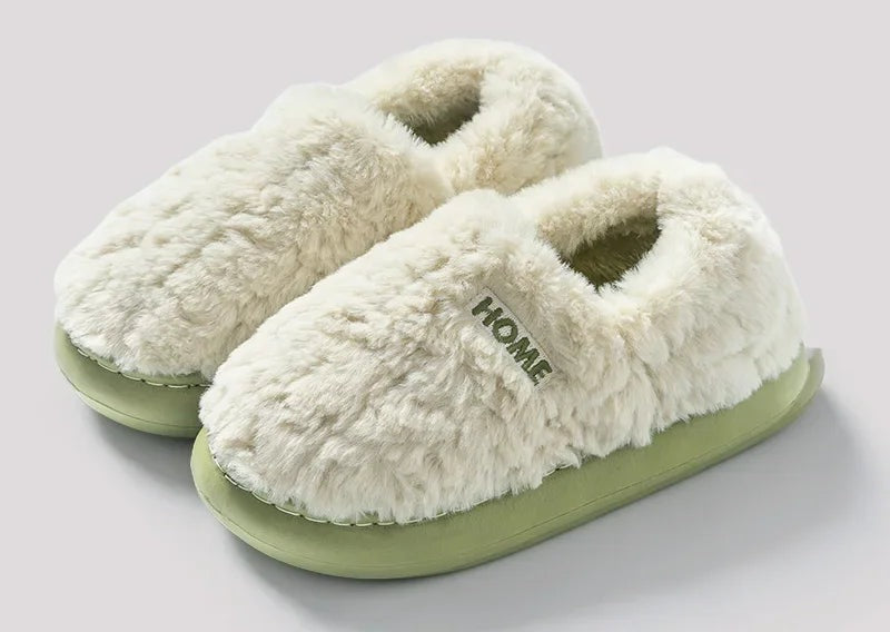 Fluffy pantoffels met gesloten hiel, pluche bovenkant en dikke zool met profiel - groen
