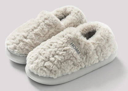 Fluffy pantoffels met gesloten hiel, pluche bovenkant en dikke zool met profiel - lichtgrijs