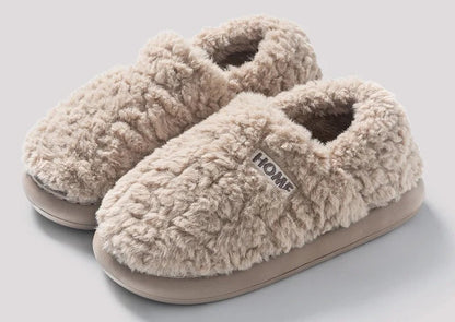 Fluffy pantoffels met gesloten hiel, pluche bovenkant en dikke zool met profiel - taupe