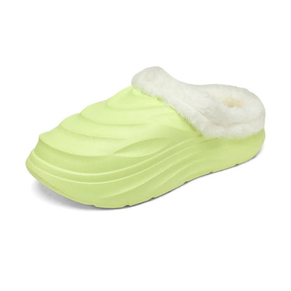 Fluffy pantoffels met EVA-buitenkant in golfmotief, pluche kraag en dikke zool - limegroen