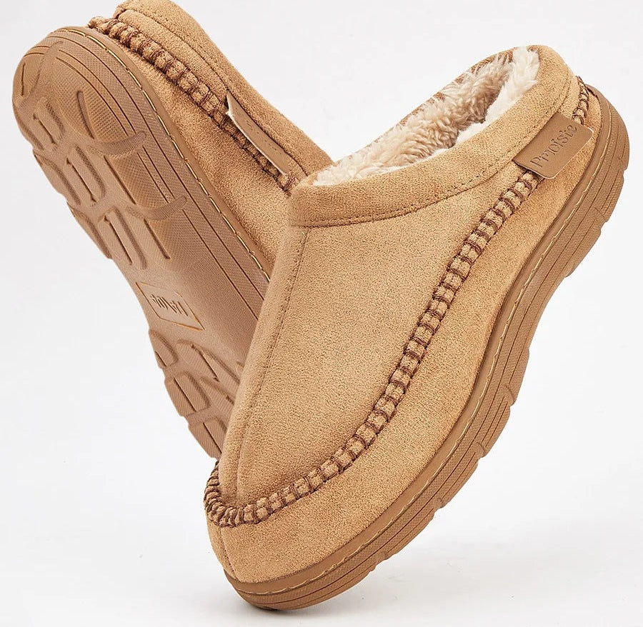 Fluffy pantoffels in suède look met pluche voering, gestikte rand, open hiel en harde zool - camel