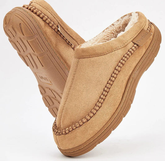 Fluffy pantoffels in suède look met pluche voering, gestikte rand, open hiel en harde zool - camel