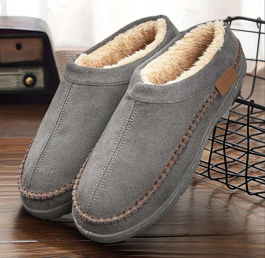 Fluffy pantoffels in suède look met pluche voering, gestikte rand, open hiel en harde zool - beeld 2
