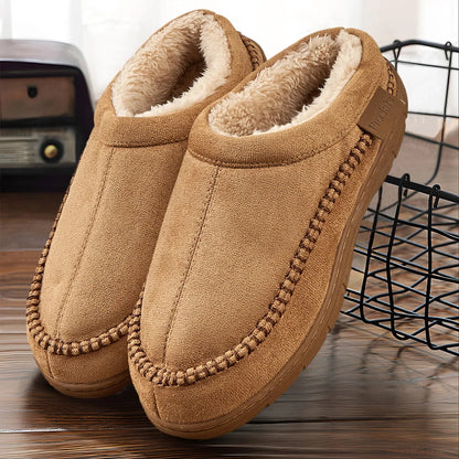 Fluffy pantoffels in suède look met pluche voering, gestikte rand, open hiel en harde zool - beeld 3