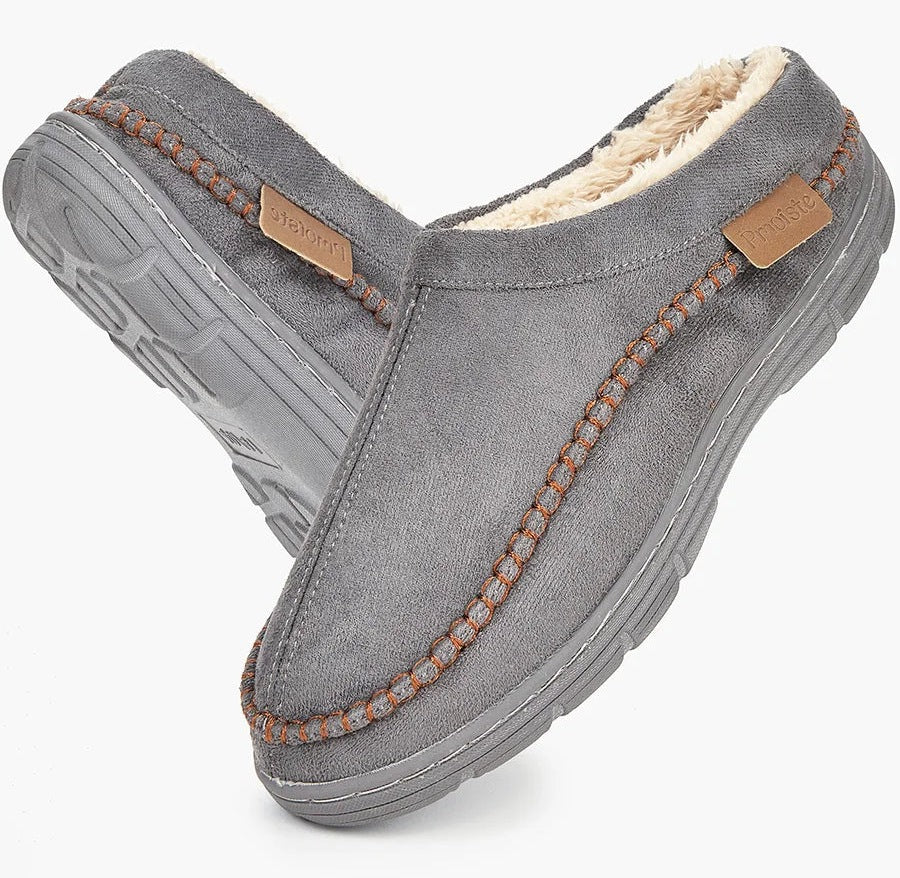 Fluffy pantoffels in suède look met pluche voering, gestikte rand, open hiel en harde zool - grijs