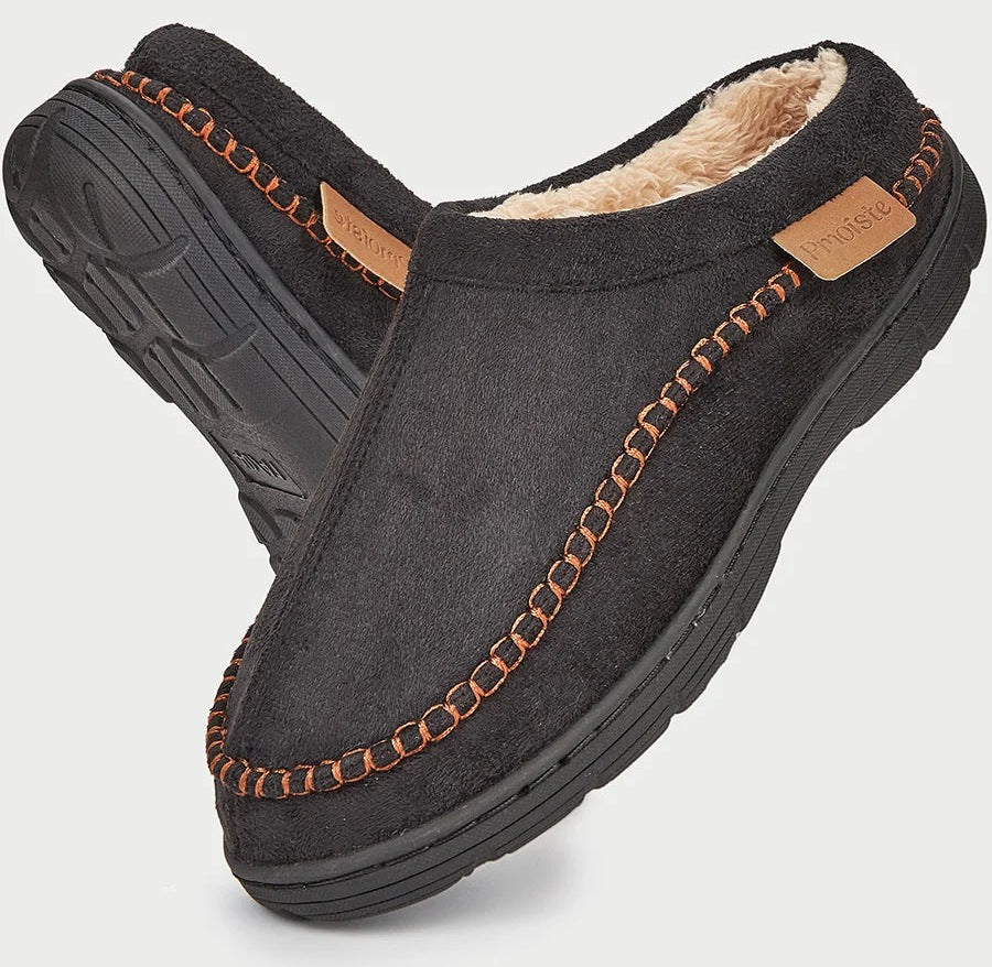 Fluffy pantoffels in suède look met pluche voering, gestikte rand, open hiel en harde zool - zwart
