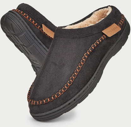 Fluffy pantoffels in suède look met pluche voering, gestikte rand, open hiel en harde zool - zwart