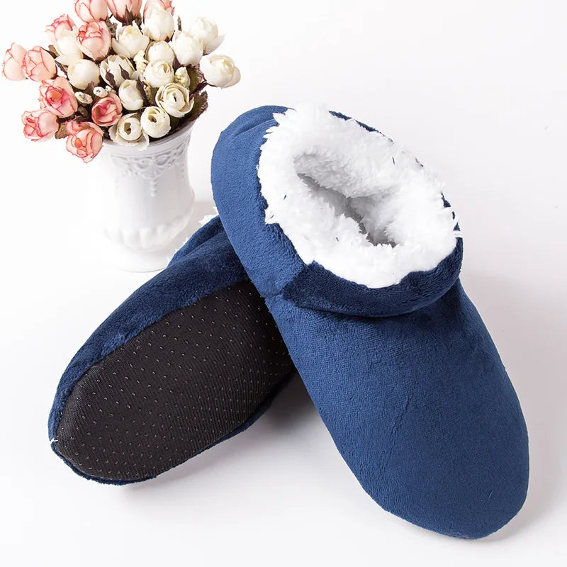 Hoge herenpantoffels van velours met teddy voering en omgeslagen rand - marineblauw