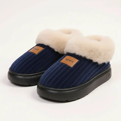 Fluffy pantoffels met hoge zool, ribstof bovenkant en pluche rand over de enkel - donkerblauw