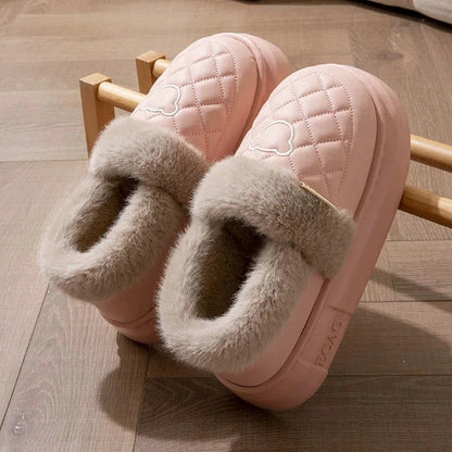 Fluffy pantoffels met open hiel, gewatteerde bovenkant in leerlook en brede pluche rand - roze / taupe rand