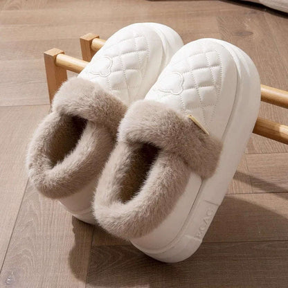 Fluffy pantoffels met open hiel, gewatteerde bovenkant in leerlook en brede pluche rand - wit / taupe rand