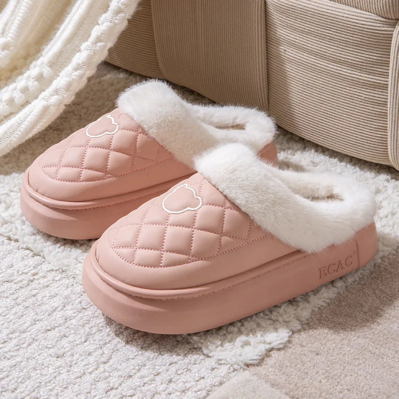 Fluffy pantoffels met open hiel, gewatteerde bovenkant in leerlook en brede pluche rand - roze / witte rand