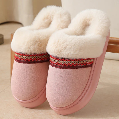 Fluffy pantoffels in suède look met pluche kraag, geborduurde band en open hiel - beeld 5