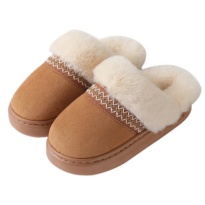 Fluffy pantoffels in suède look met pluche kraag, geborduurde band en open hiel - beeld 6