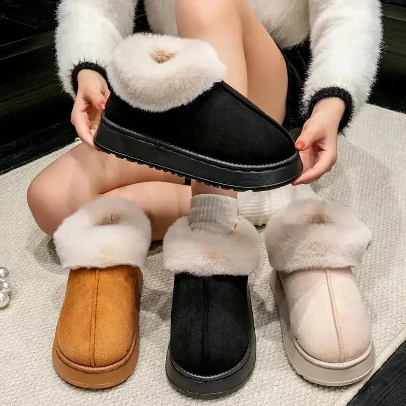 Fluffy pantoffels in suède look met omgeslagen pluche kraag en plateauzool