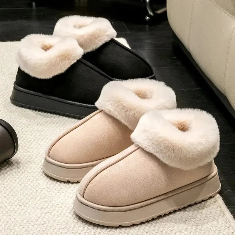 Fluffy pantoffels in suède look met omgeslagen pluche kraag en plateauzool - beeld 3