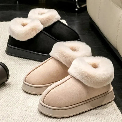 Fluffy pantoffels in suède look met omgeslagen pluche kraag en plateauzool - beeld 3