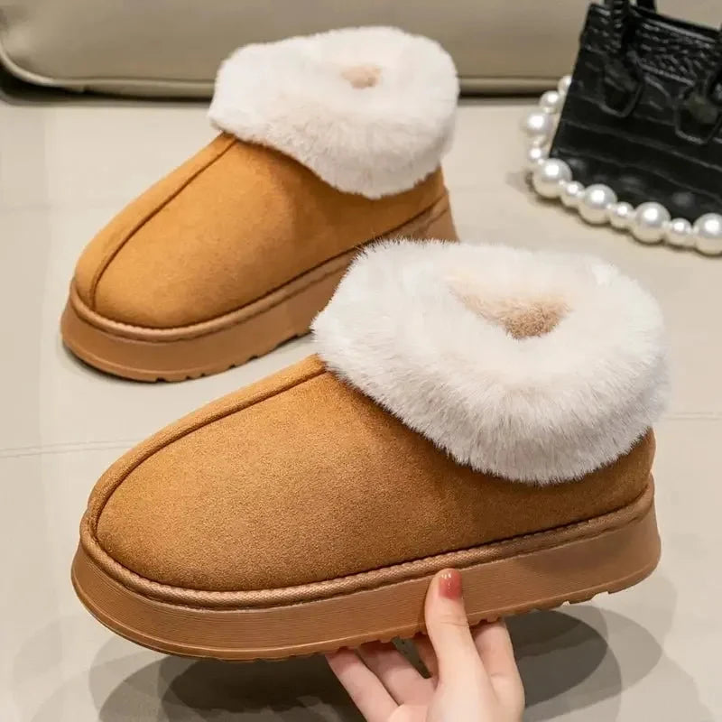 Fluffy pantoffels in suède look met omgeslagen pluche kraag en plateauzool - camel