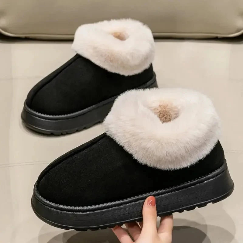 Fluffy pantoffels in suède look met omgeslagen pluche kraag en plateauzool - zwart