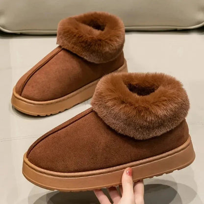 Fluffy pantoffels in suède look met omgeslagen pluche kraag en plateauzool - bruin