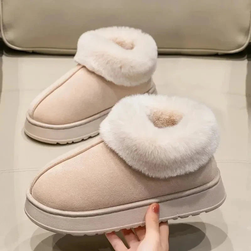 Fluffy pantoffels in suède look met omgeslagen pluche kraag en plateauzool - beige