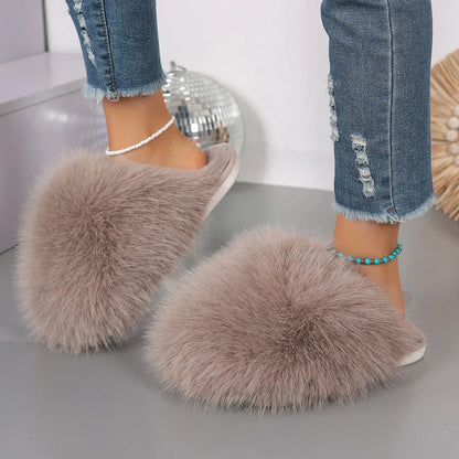 Fluffy slippers met bovenkant van lang imitatiebont, open hiel en rubberen zool - taupe