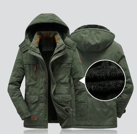 Groene winterparka voor heren met capuchon, voor- en achterkant en close-up van de fleecevoering