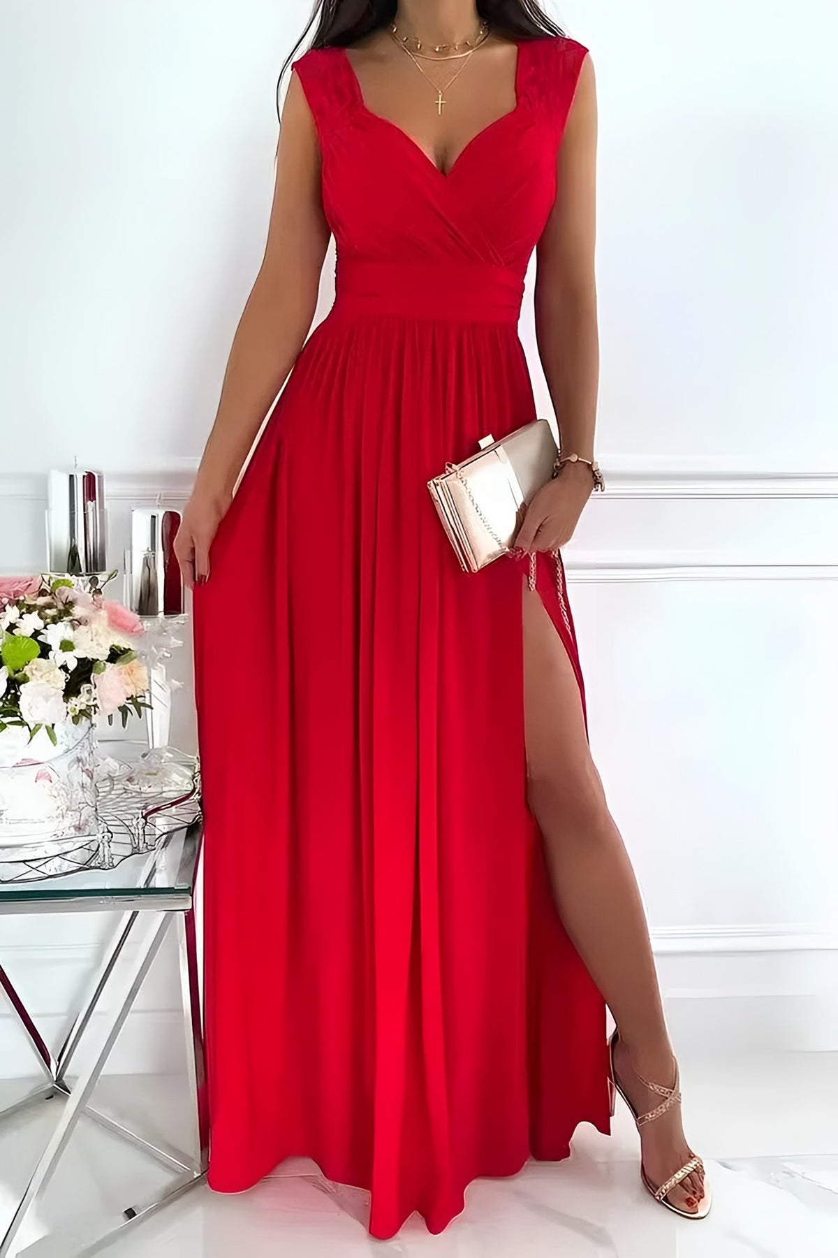 Galajurk dames chiffon in rood, vooraanzicht